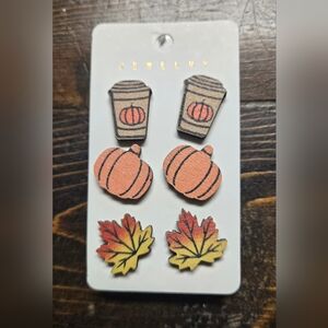 Pumpkin Spice Coffee Pumpkins Fall Leaves Wood Boutique Post Earring Set NEW